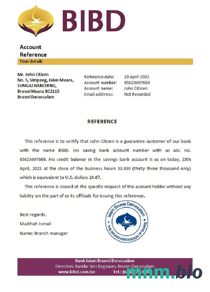Przykład odniesienia do banku Brunei Islam Darussalam w formatach Word i PDF
